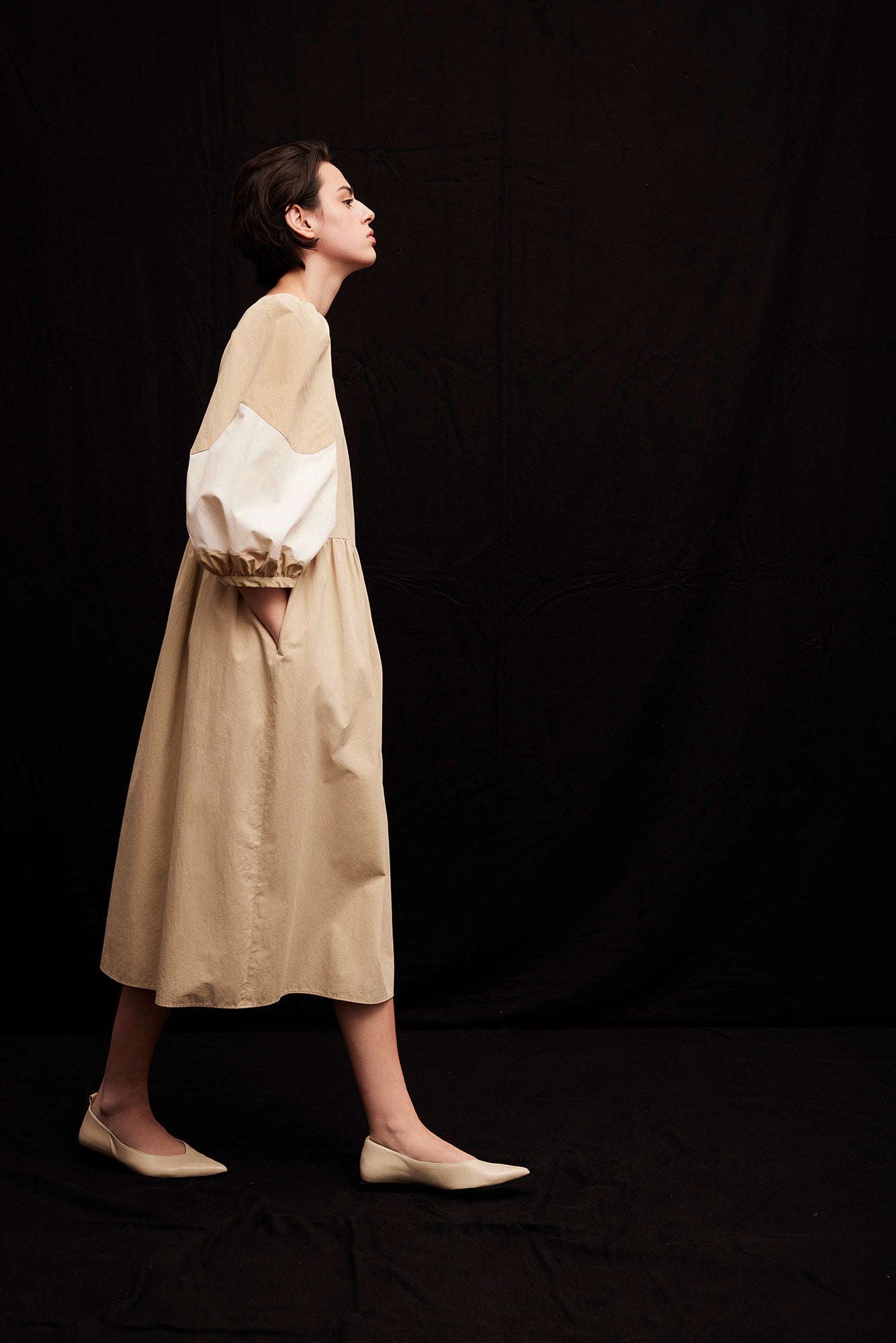 LOU Patchwork Dress Beige/White