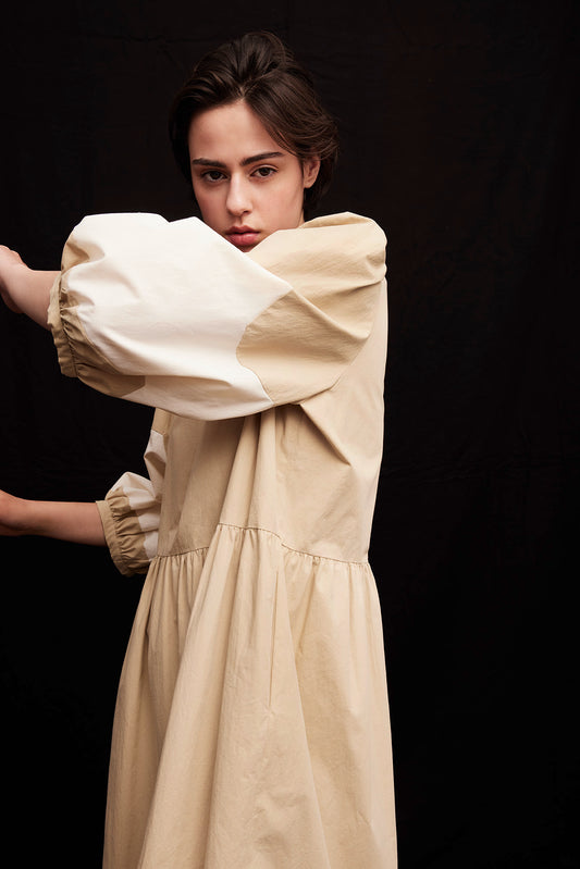 LOU Patchwork Dress Beige/White